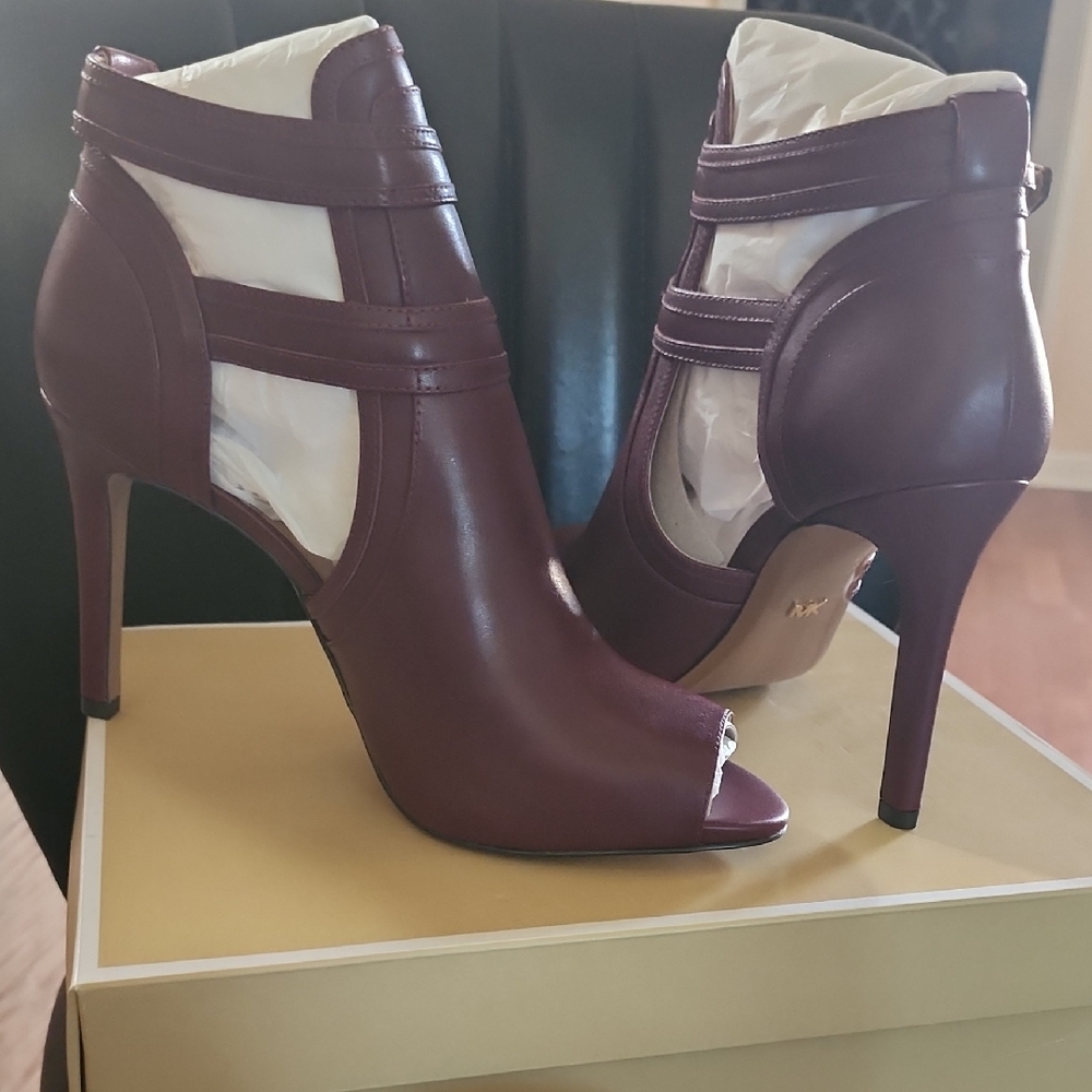 Michael Kors Blaze Open Toe Bootie Leather Heel Oxblood